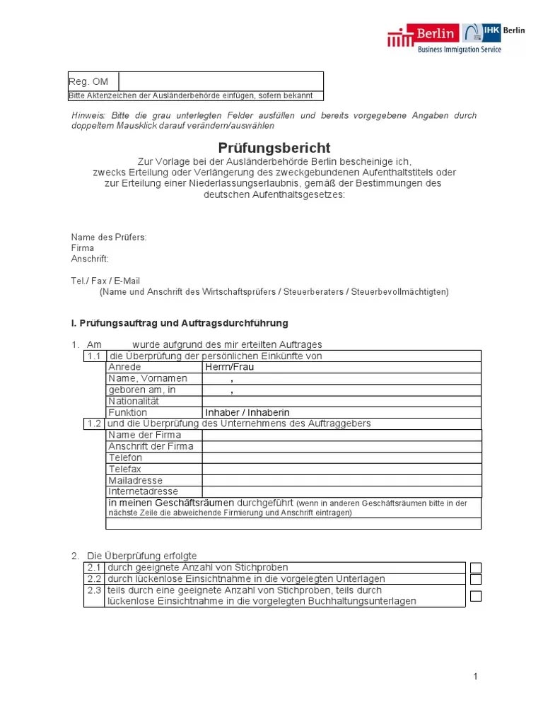 Sample Prüfungsbericht for submission to the German immigration office (§ 21 AufenthG)